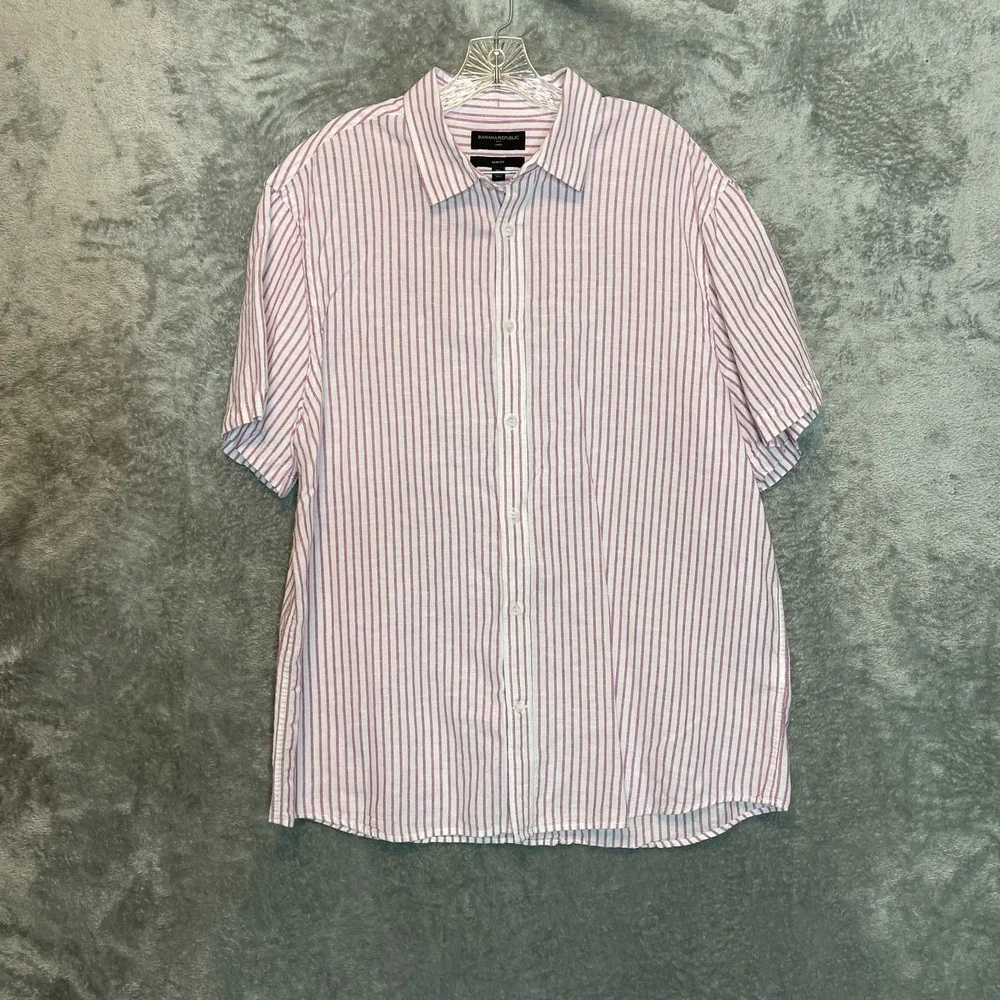 Banana Republic Men XL Linen Cotton Blend Short Sleeve Striped Slim Fit Shirt